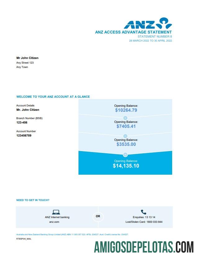Extrato bancário ANZ realista da Austrália, modelo fácil de preencher em formato Excel e PDF, 2 páginas